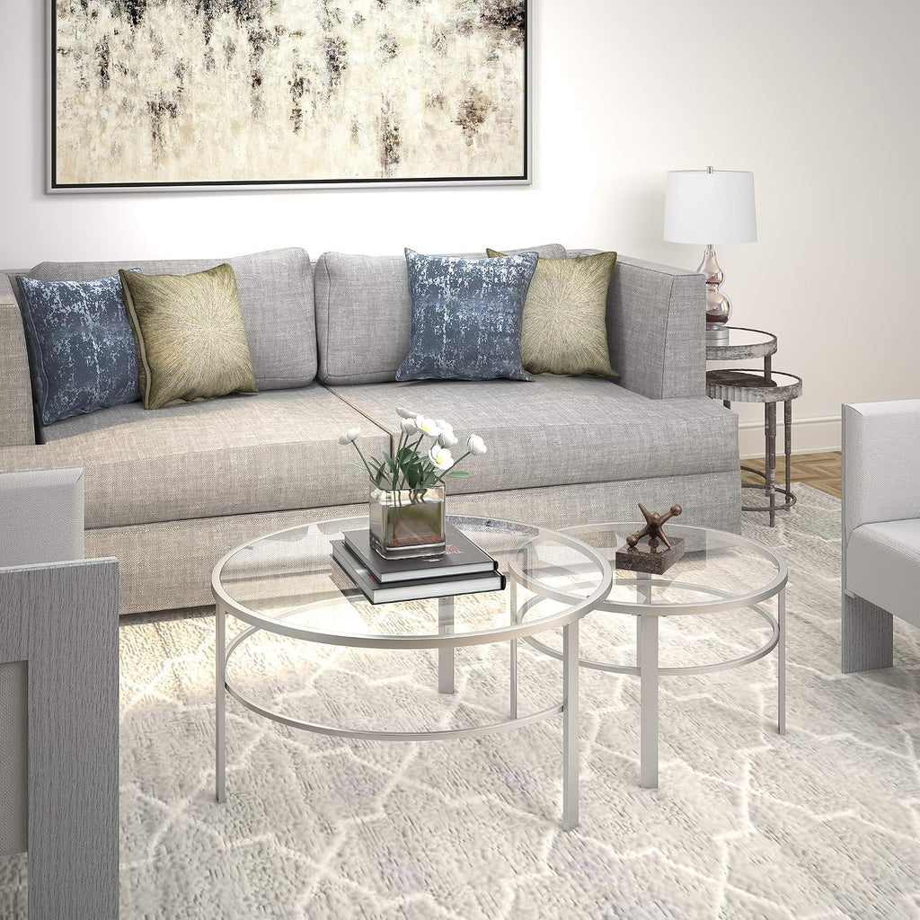 Henn&Hart Round Nested Coffee Table in Satin Nickel, Modern coffee tables for living room, studio apartment essentials, 36' Wide