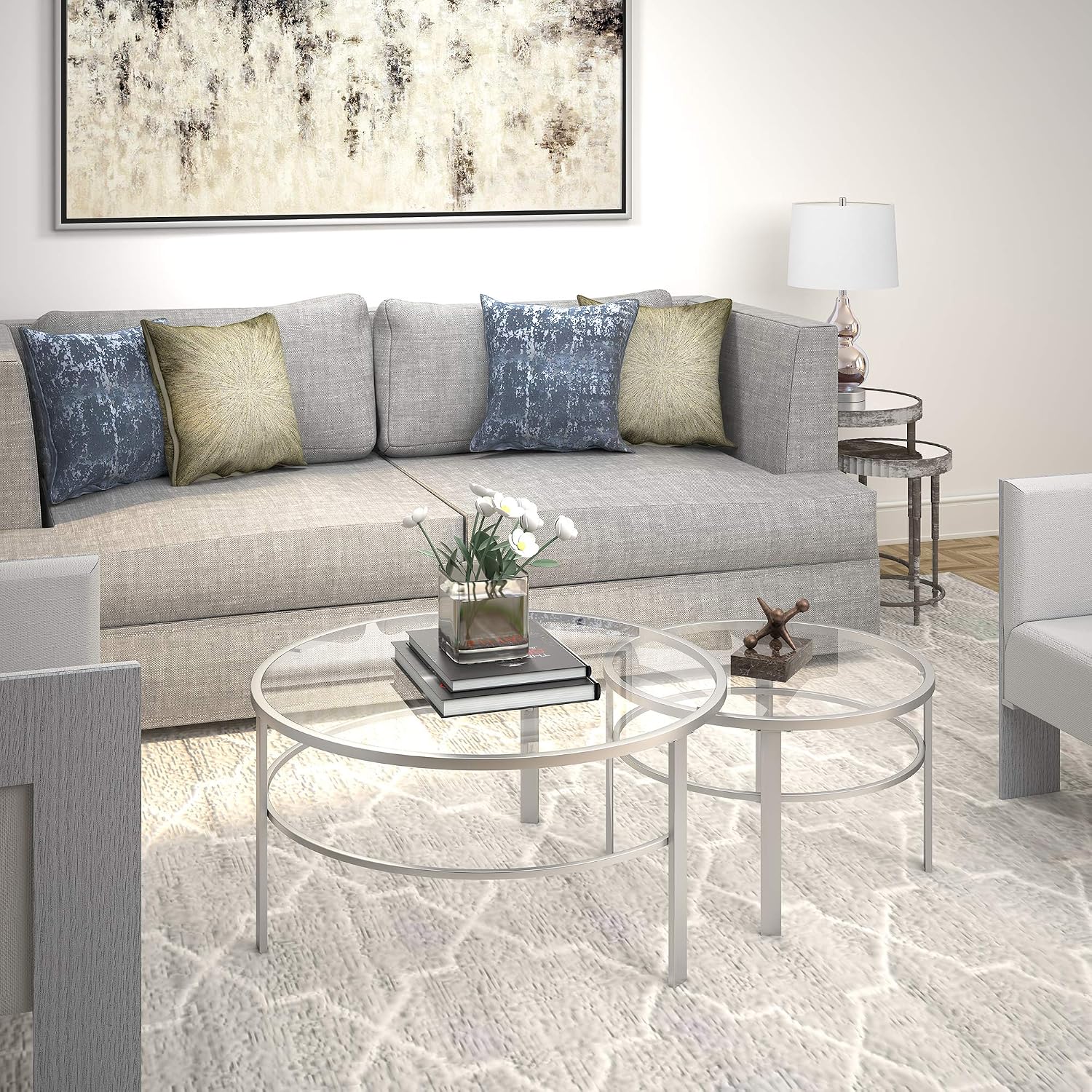 Henn&Hart Round Nested Coffee Table in Satin Nickel, Modern coffee tables for living room, studio apartment essentials, 36' Wide