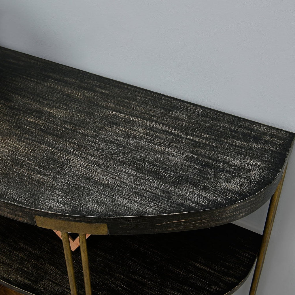 Biaco Black Modern Console Table for Entryway, 3-Tier Half Moon Industrial Wall Table, Hallway Half Circle Accent Wood Entry Table, Vintage Retro Design, Birch Veneer Textured Top & Gold Metal Legs