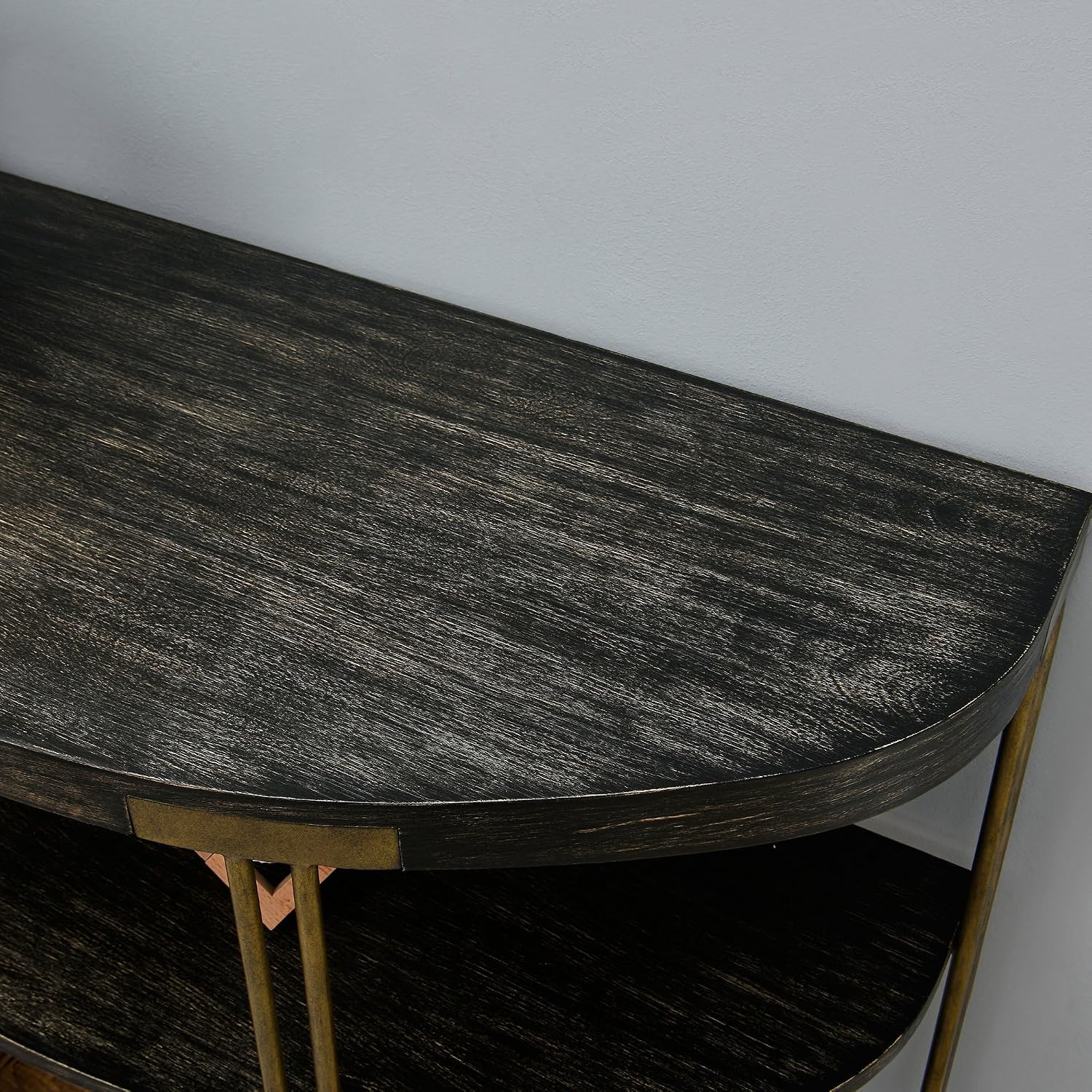 Biaco Black Modern Console Table for Entryway, 3-Tier Half Moon Industrial Wall Table, Hallway Half Circle Accent Wood Entry Table, Vintage Retro Design, Birch Veneer Textured Top & Gold Metal Legs