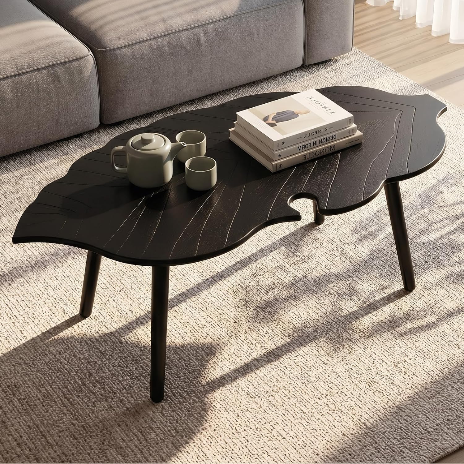 HNY Modern Coffee Table for Living Room, Black Wood Coffee Table Farmhouse Center Table Vivid Leaf Table End Table with Rustic Grain Side Table with Wood Leg for Bedroom Office Cafe Small Space