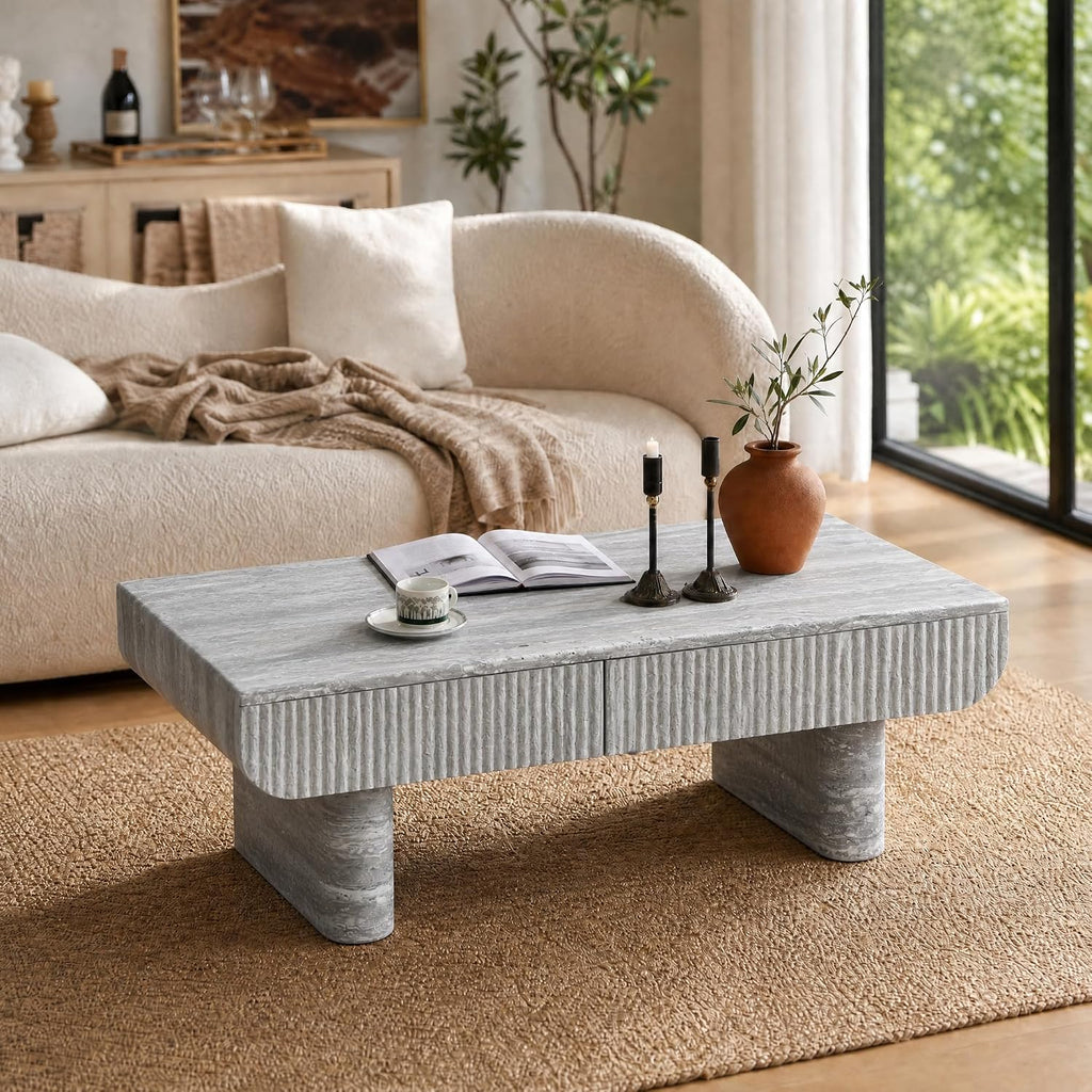 47' Grey Travertine Coffee Table with 2 Fluted Drawers,Modern Concrete Coffee Tables with Pedestal Legs for Living Room, Rectangular Coffee Center Tea Table with Storage for Apartment Bedroom