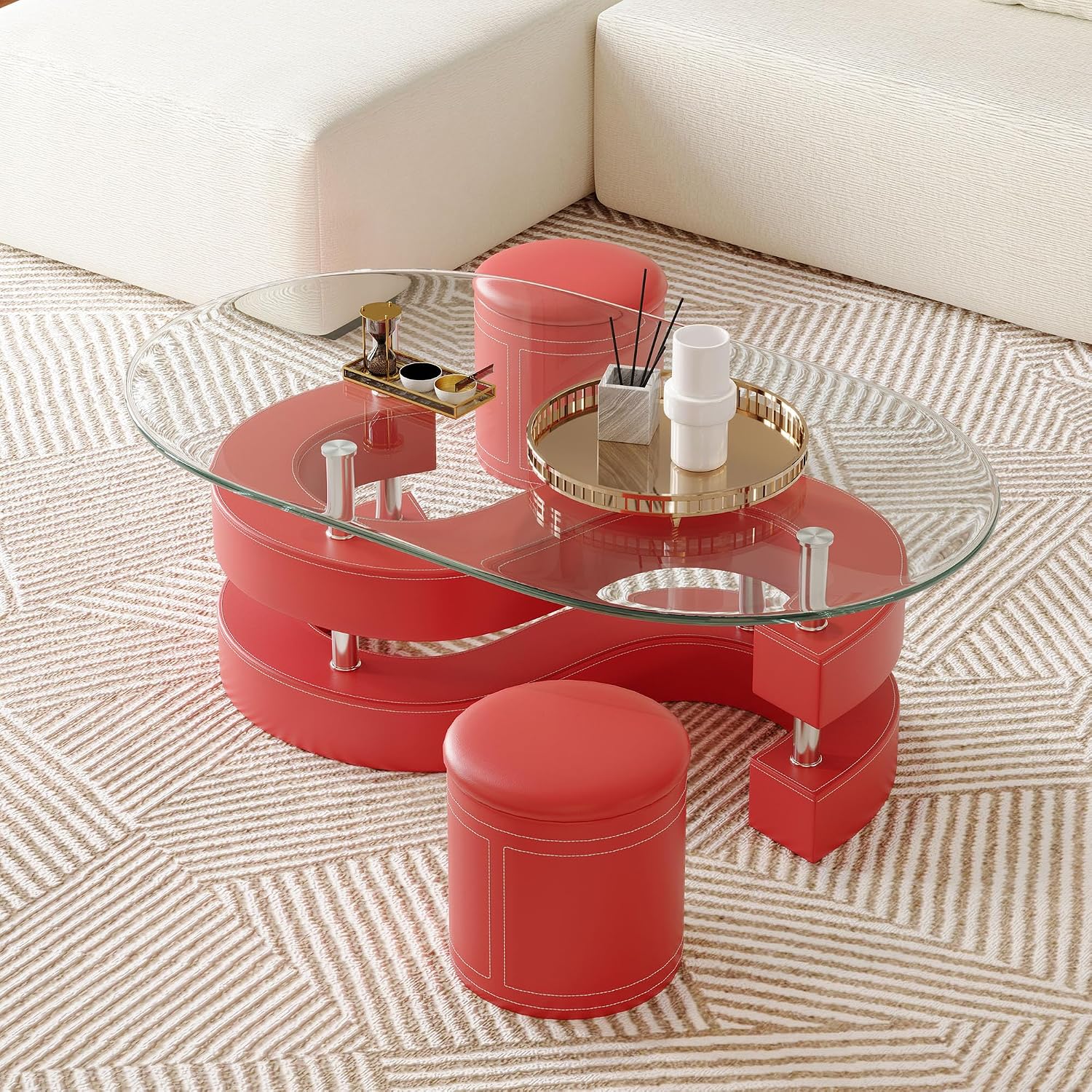 Glass Coffee Table Set With 2 Stools, 49' Oval With Tempered Top and Leather Stools, Modern Center Table for Living Room, Home Office