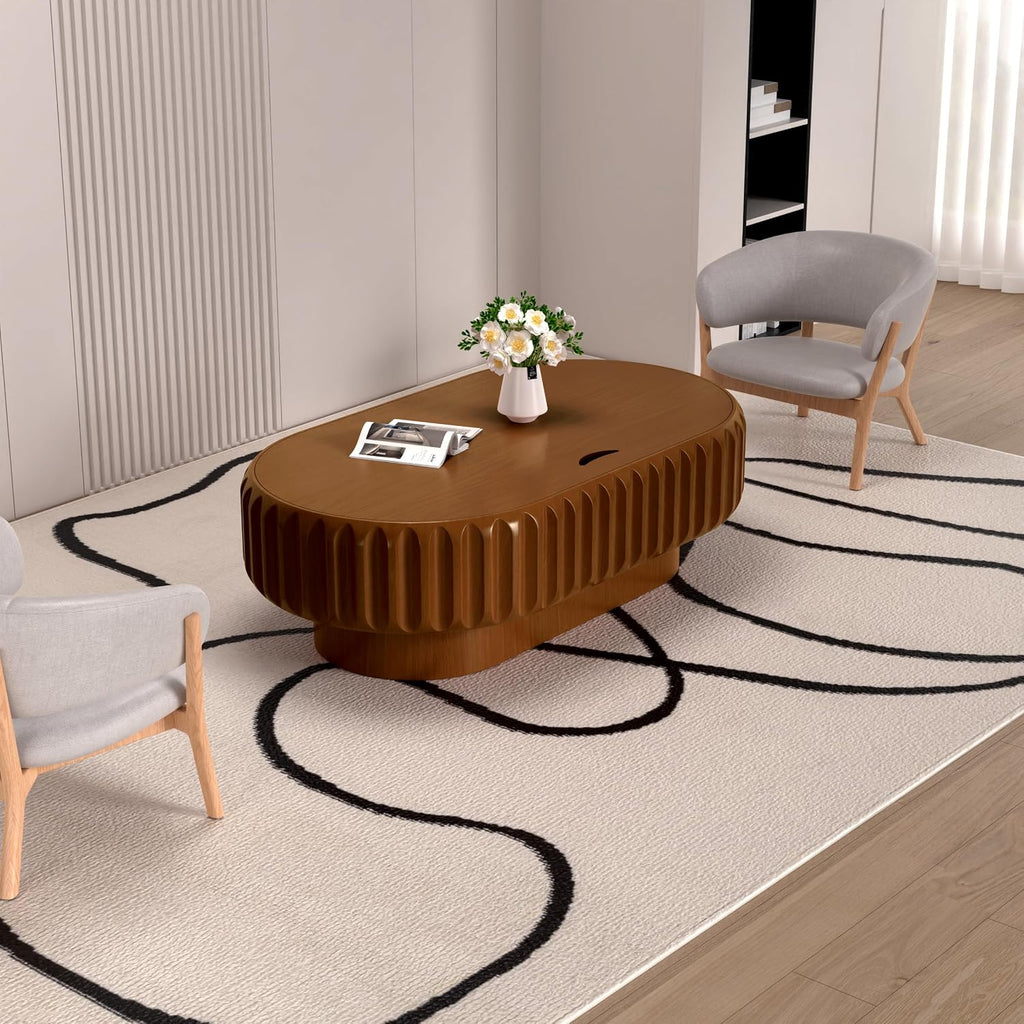43.3' Oval Drum Coffee Table with Hidden Storage, Modern Fluted Coffee Tables with Solid Wood Veneer, Wooden Center Table for Living Room, Bedroom, Apartment, Easy Assembly