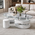 Glass Coffee Table Set with 2 Stools, 49' Oval Coffee Table with Tempered-Glass Table Top and 2 Leather Stools, Modern Center Table Set for Living Room, Home Office