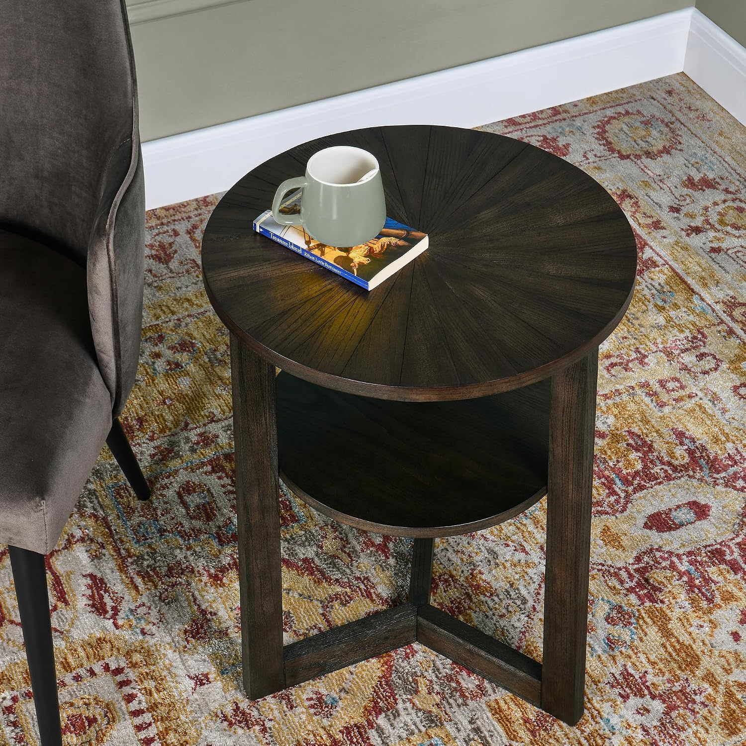 PADMA HOUSE 19.3' Round Wood End Table, 2-Tier Solid Wood Rounded Accent Side Table Circle Nightstand Table with Storage Shelf Vintage Furniture for Home Living Room Bedroom,Black Brown 3338BK