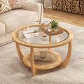 Round Wood Coffee Table with Glass Top, Solid Wooden Circle Center Table with Curved Legs and Handmade Rattan Storage Shelf, Farmhouse Cocktail Table for Living Room, Light Brown 32.28' x 18'