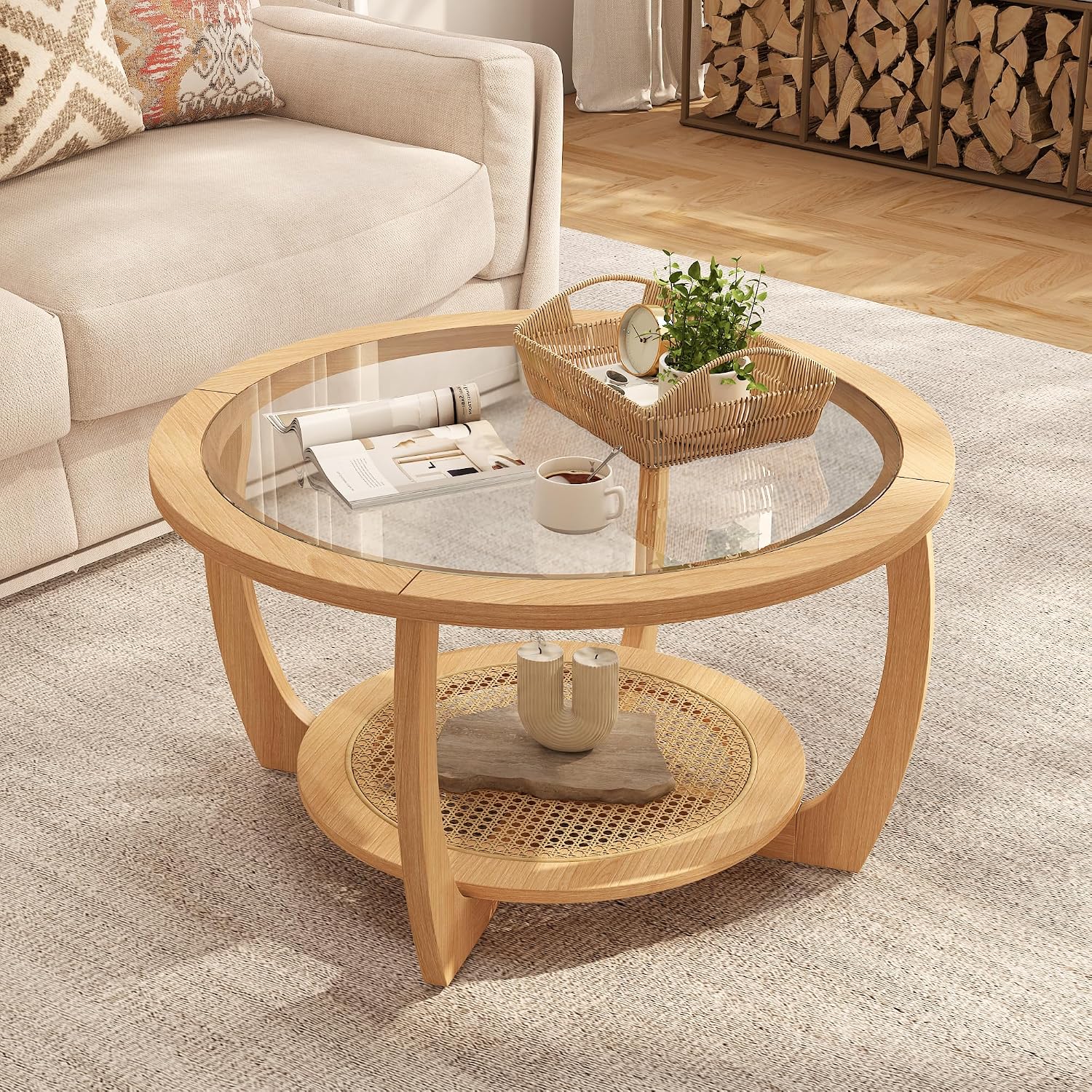 Round Wood Coffee Table with Glass Top, Solid Wooden Circle Center Table with Curved Legs and Handmade Rattan Storage Shelf, Farmhouse Cocktail Table for Living Room, Light Brown 32.28' x 18'