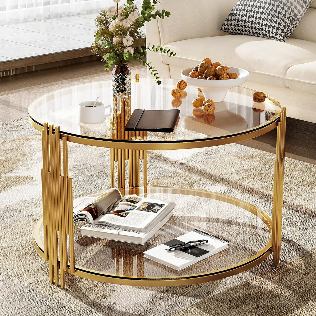 31.5'' Tempered Glass Round Coffee Table for Living Room, 2-Tier Modern Circle Coffee Table, Transparent Mirror Tabletop & Metal Drum Base, Easy Assembly, Transparent & Gold