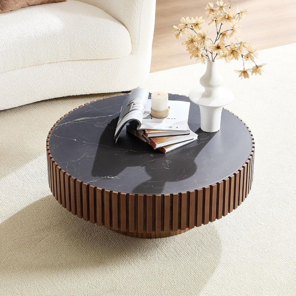 WILLIAMSPACE 35.43' Round Coffee Table with Sintered Stone Tabletop, Modern Farmhouse Wood Circle Drum Center Table for Living Room, Accent Side End Table for Apartment, 13.77' H (Walnut+Black)