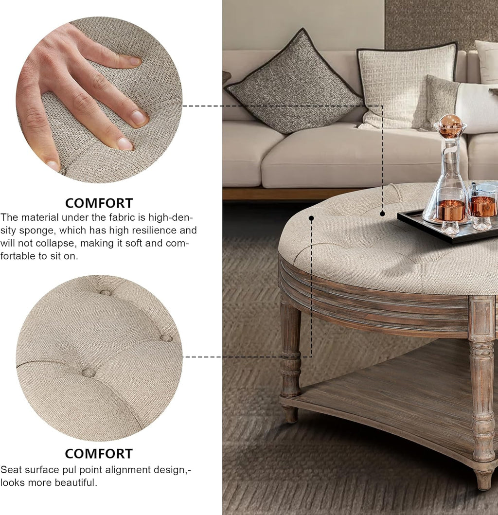 31.49'' Round Coffee Table with Storage Space, 2-Tier Modern Wood Circle Coffee Table for Living Room, Moveable Table Top & Easy Assembly & Waterproof Upholstered Linen, Khaki & Wood