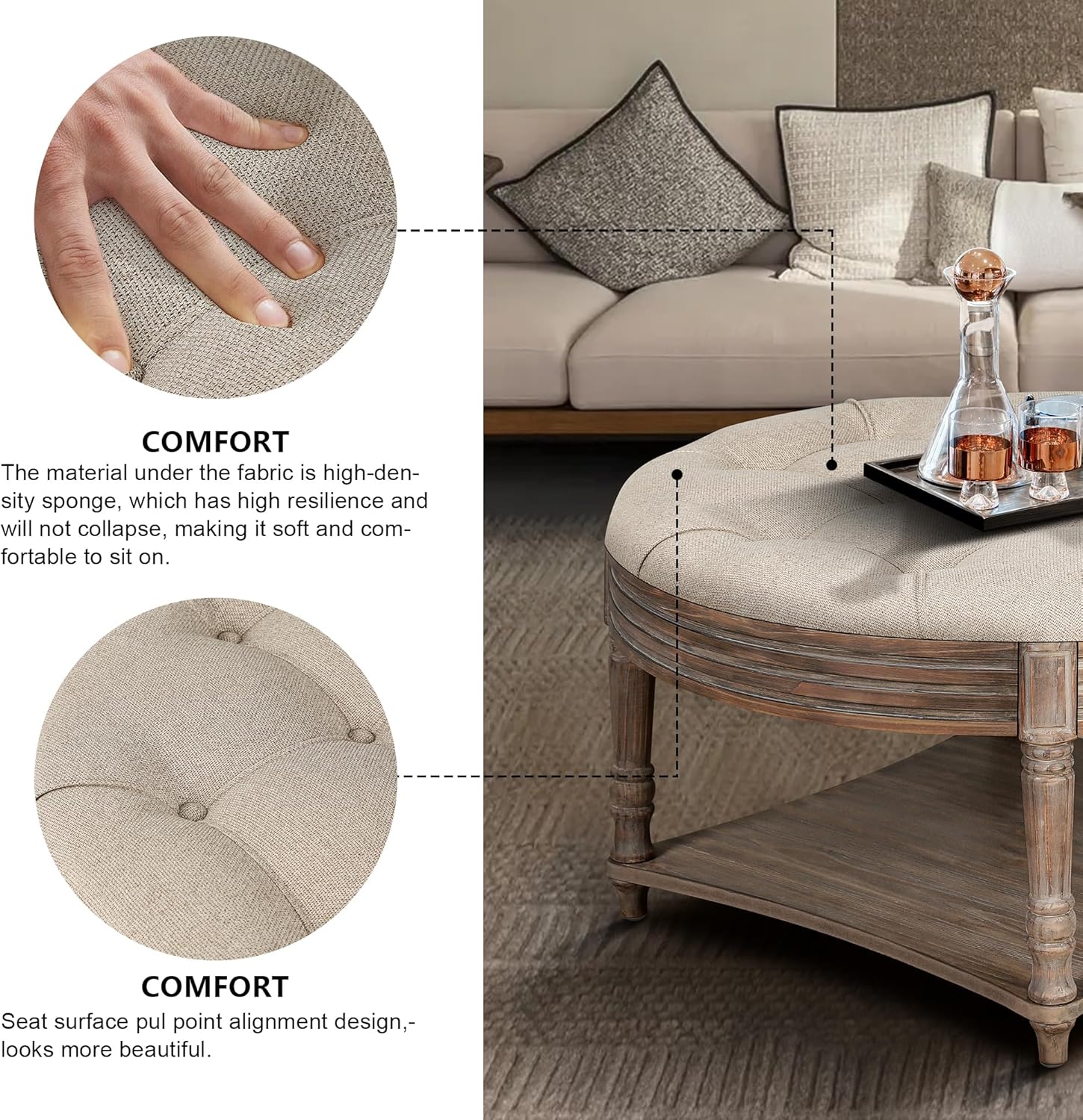 31.49'' Round Coffee Table with Storage Space, 2-Tier Modern Wood Circle Coffee Table for Living Room, Moveable Table Top & Easy Assembly & Waterproof Upholstered Linen, Khaki & Wood
