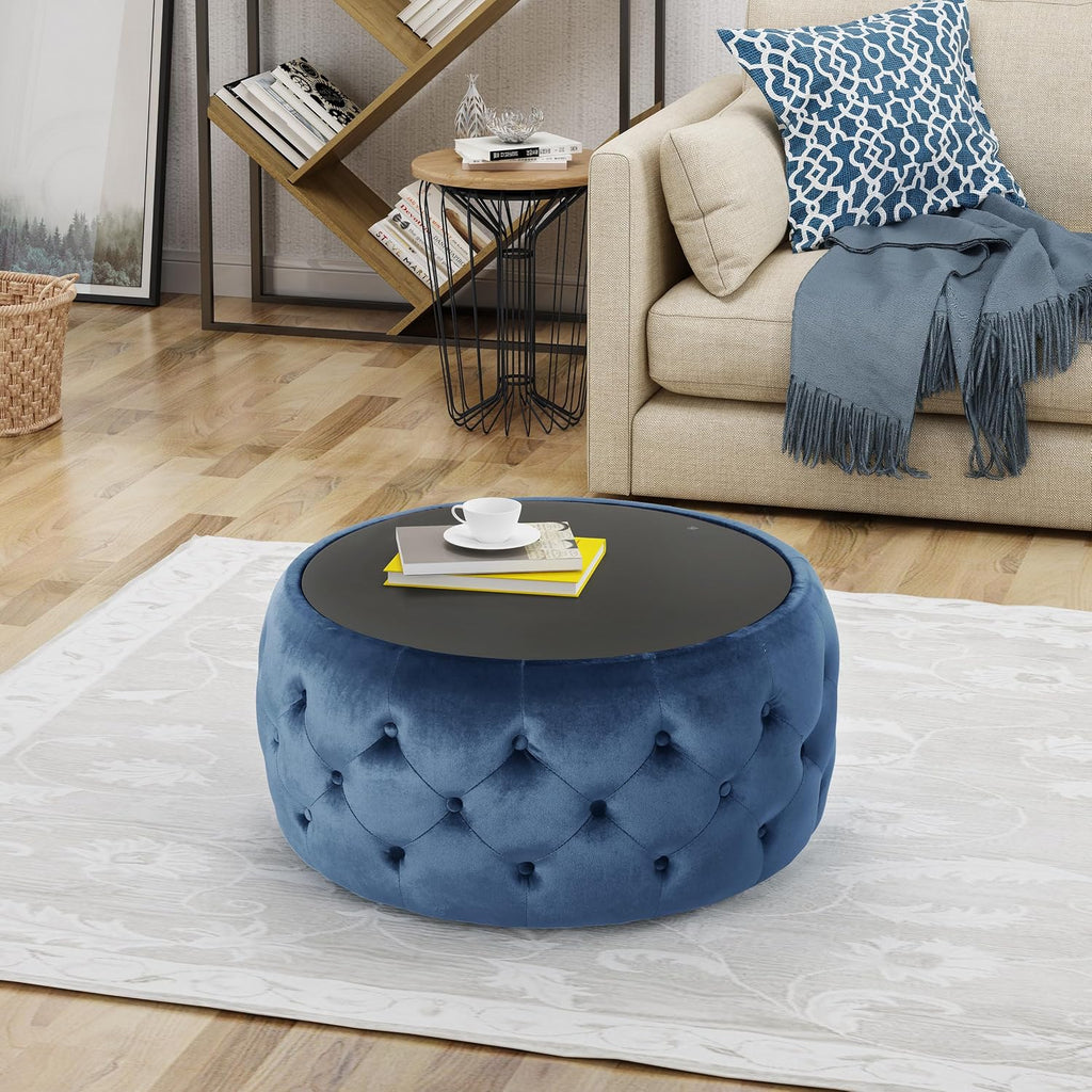 30' Round Velvet Ottoman Coffee Table, Button Tufted Coffee Table with Tempered Glass Top Modern Upholstered Tufted Velvet Cocktail Center Table for Living Room, Fully Assembled (Dark Blue)
