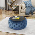 30' Round Velvet Ottoman Coffee Table, Button Tufted Coffee Table with Tempered Glass Top Modern Upholstered Tufted Velvet Cocktail Center Table for Living Room, Fully Assembled (Dark Blue)