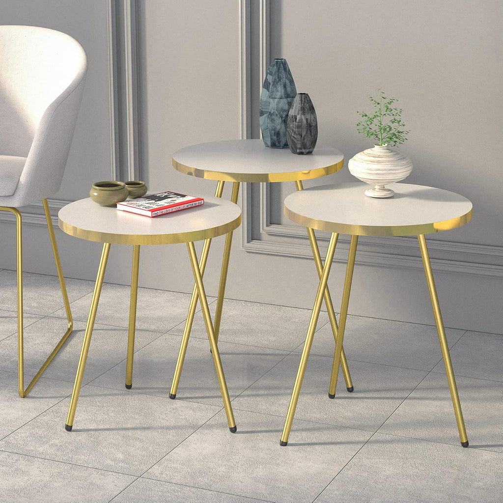 Set of 3 Nesting END Tables - Round Stacking Coffee Side Tables for Small Spaces, Nightstand Bedside Table for Living Room, Bedroom, Living Room, Balcony, NO-Tools Assembly (White/Gold)