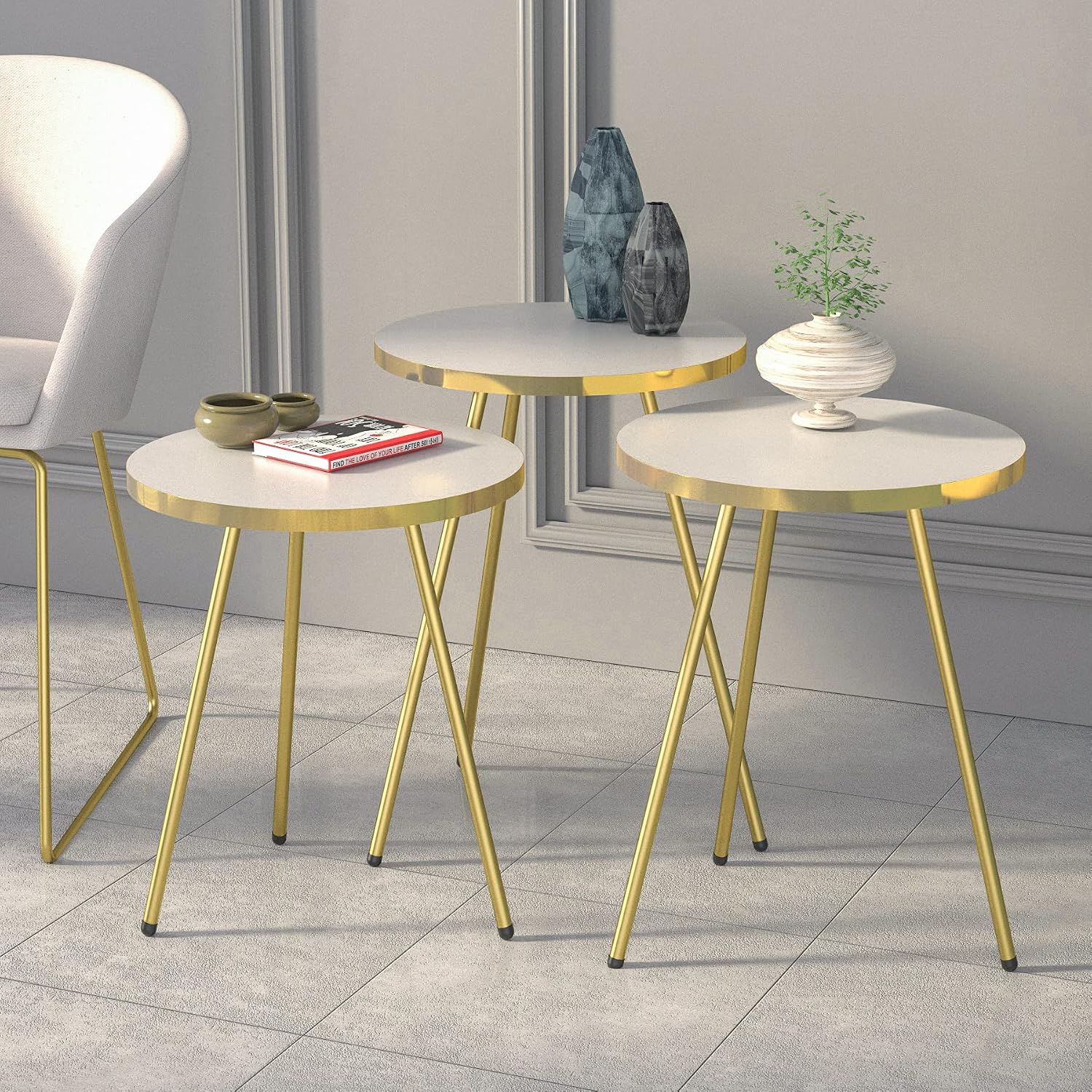 Set of 3 Nesting END Tables - Round Stacking Coffee Side Tables for Small Spaces, Nightstand Bedside Table for Living Room, Bedroom, Living Room, Balcony, NO-Tools Assembly (White/Gold)