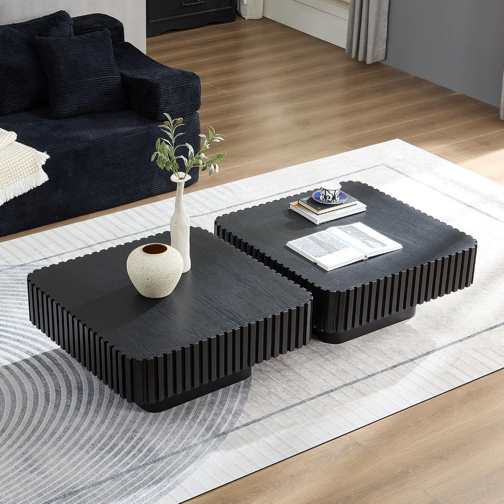 WILLIAMSPACE 31.5' Square Coffee Table with Sturdy Base, Modern Luxury Wood Drum Center Table Accent End Side Table for Living Room, Minimalist Fluted Design, Black
