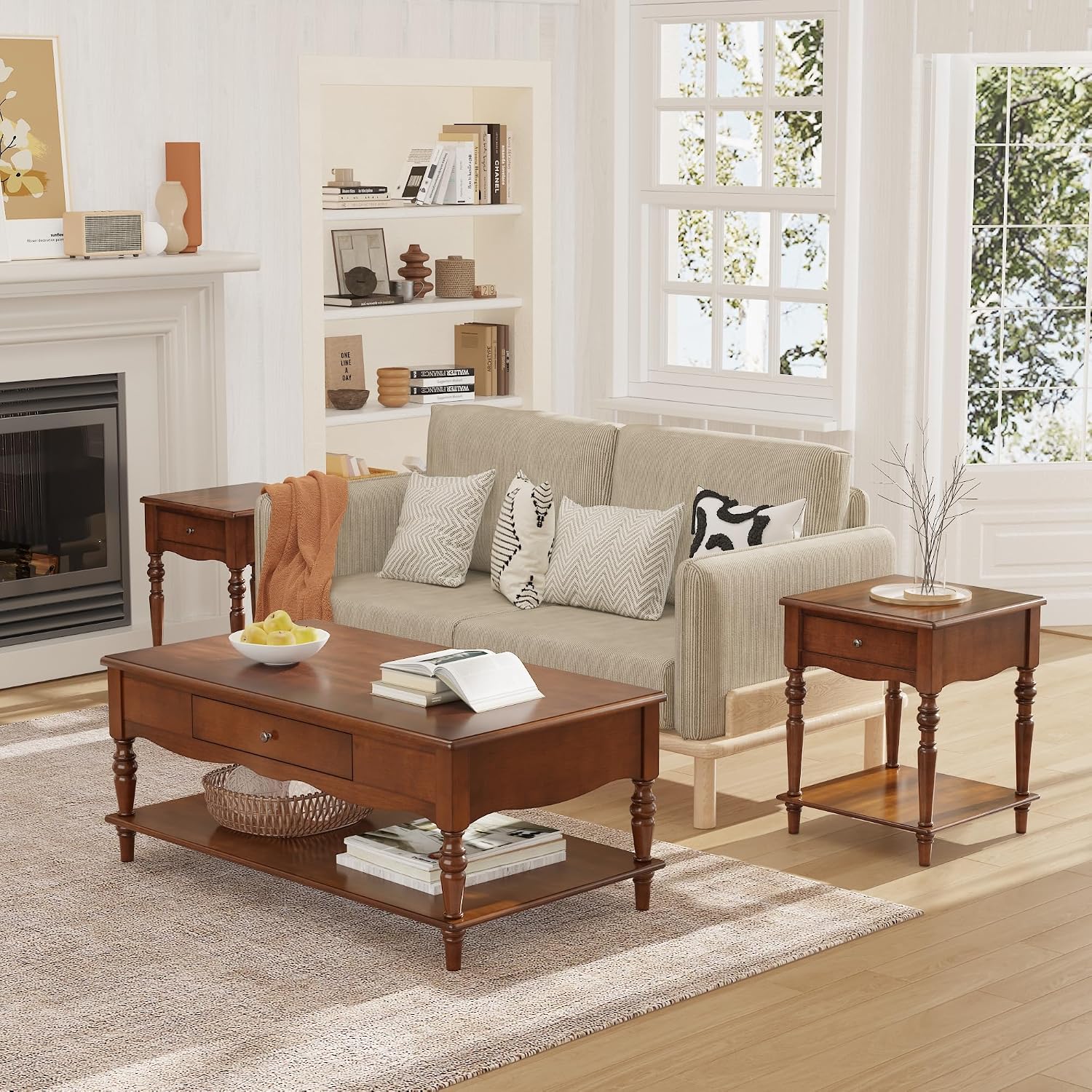 Living Room Table Set-One Rectangular Coffee Table and Two Square End Tables with Storage Drawer, Elegant Vintage Sofa Center Table with Wood Carved legs, No-Tools Assembly, Caramel Brown KFZ-BZ-C008