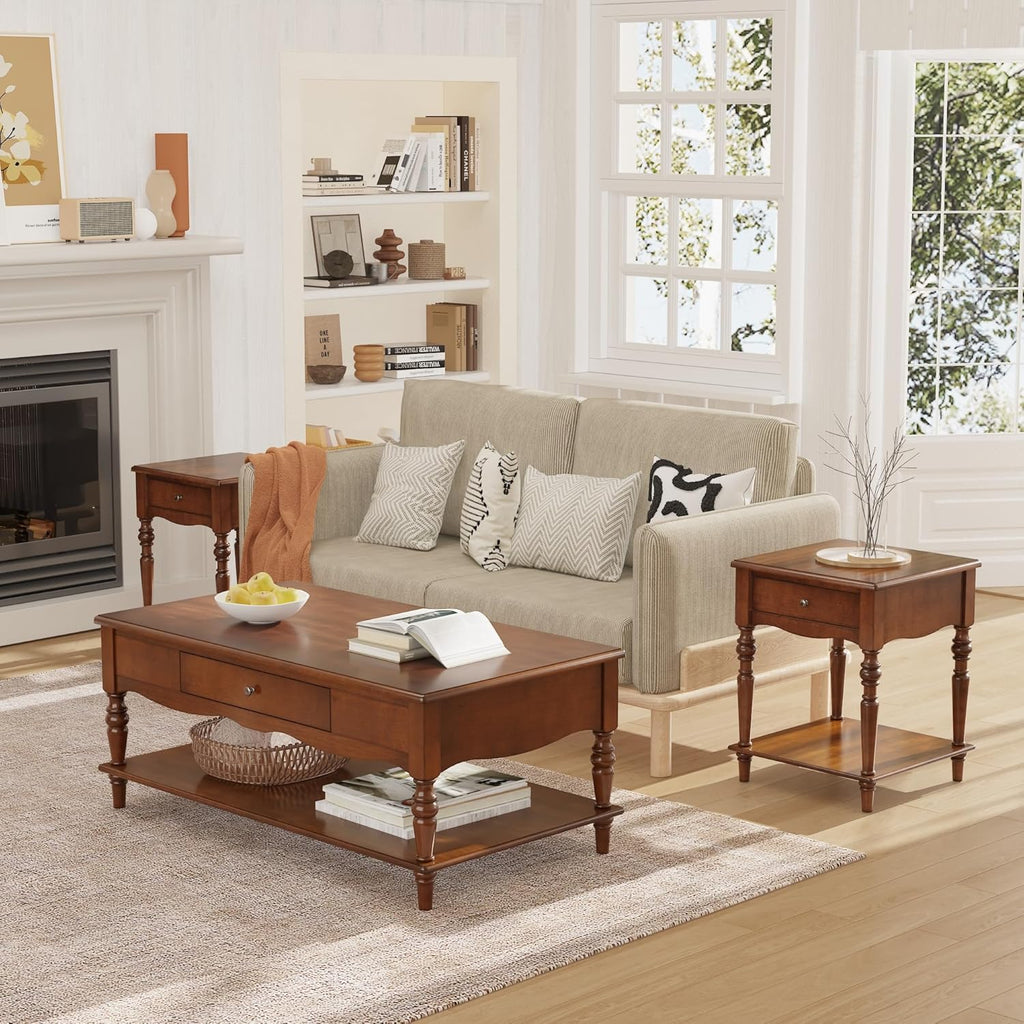 End Table with Drawer and Storage Shelf, Solid Wood Sofa Side Table, Square Beside Table, Telephone Table for Living Room,18.9'L x 18.9'W x 24'H, No-Tools Assembly, Caramel Brown BZ-C008-DR