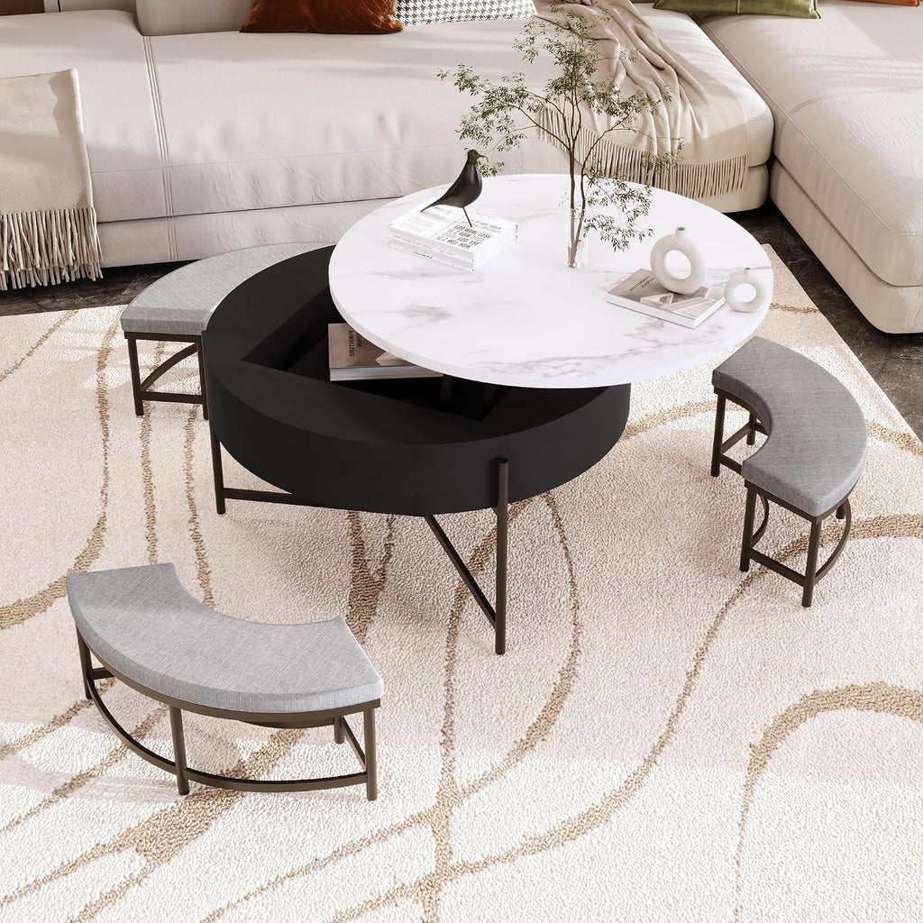 Modern Round Lift-Top Coffee Table with Storage & 3 Ottoman for Living Room White & Black