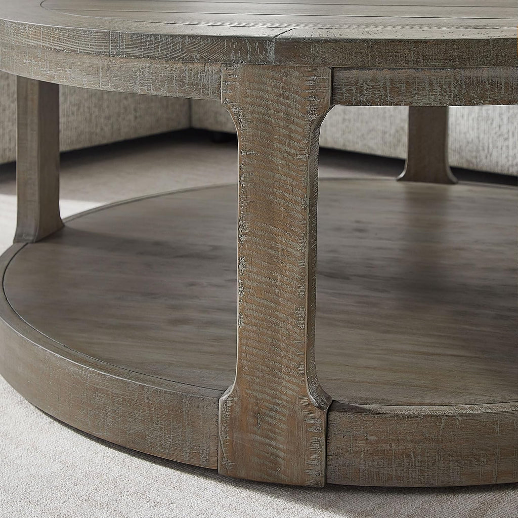 40' Round Coffee Table with Wheels, 2 Tier Wood Center Coffee Tables, Retro Farmhouse Circle End Table with Storage Shelf for Living Room Apartment Office (Light Brown)