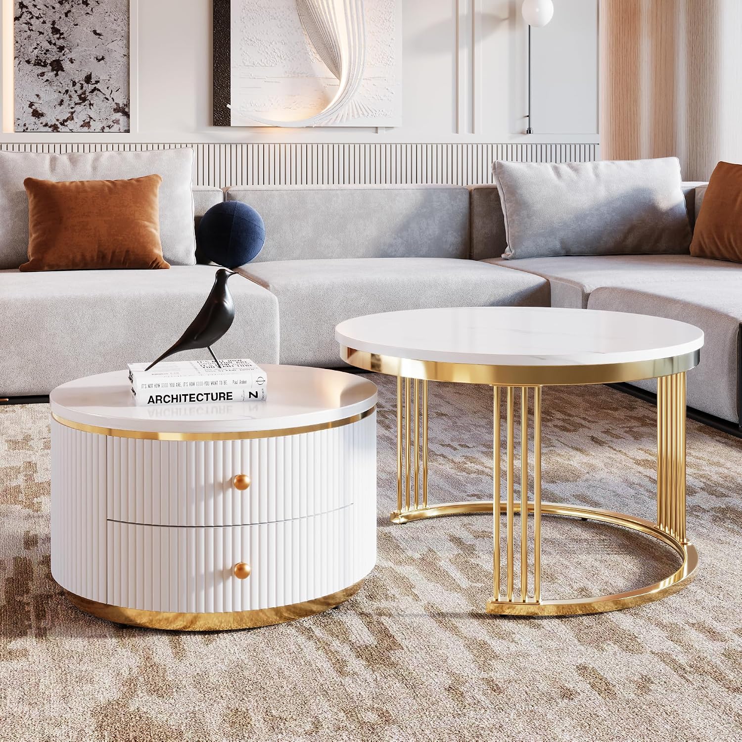 27.6' Modern 2 Pieces Round Nesting Coffee Table with Drawers,White