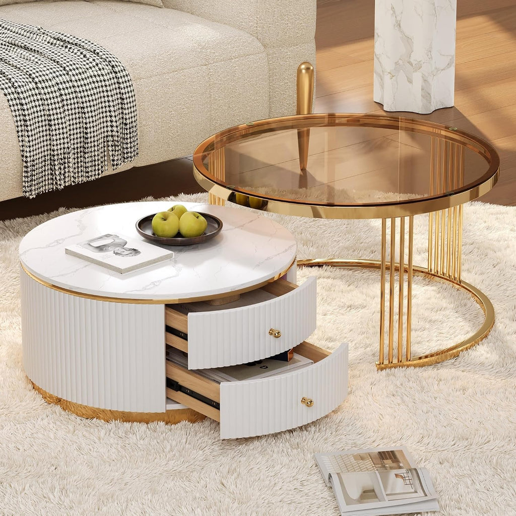 Modern 2 Pieces Round Nesting Coffee Table with Drawers and Brown Tempered Glass Top（27.6'+23.6'