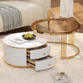 Modern 2 Pieces Round Nesting Coffee Table with Drawers and Brown Tempered Glass Top（27.6'+23.6'