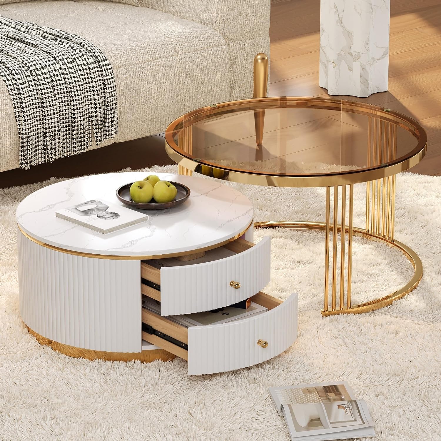 Modern 2 Pieces Round Nesting Coffee Table with Drawers and Brown Tempered Glass Top（27.6'+23.6'
