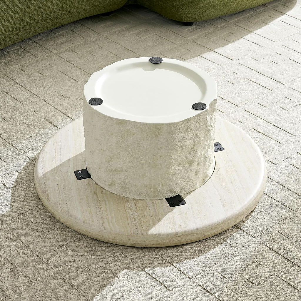 Set of 2 Round Coffee Tables for Living Room, 35.04' W x 14.96' H Faux Mars Circle Drum Pattern Modern Minimalist 15.75' W x17.72 Side Tables Accent End Table for Apartment, Office, Beige