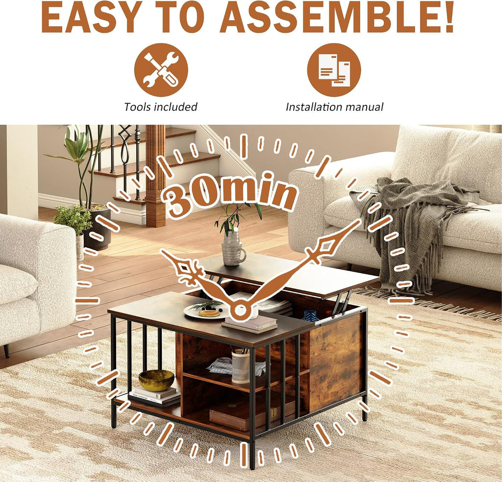 KEIKI 31.5' Flip-Top Coffee Table with Storage, Lift-Top Table, Dark Walnut & Black Metal, Farmhouse Modern Rectangular Living Room Table with Hidden Compartment & Open Shelves, Black