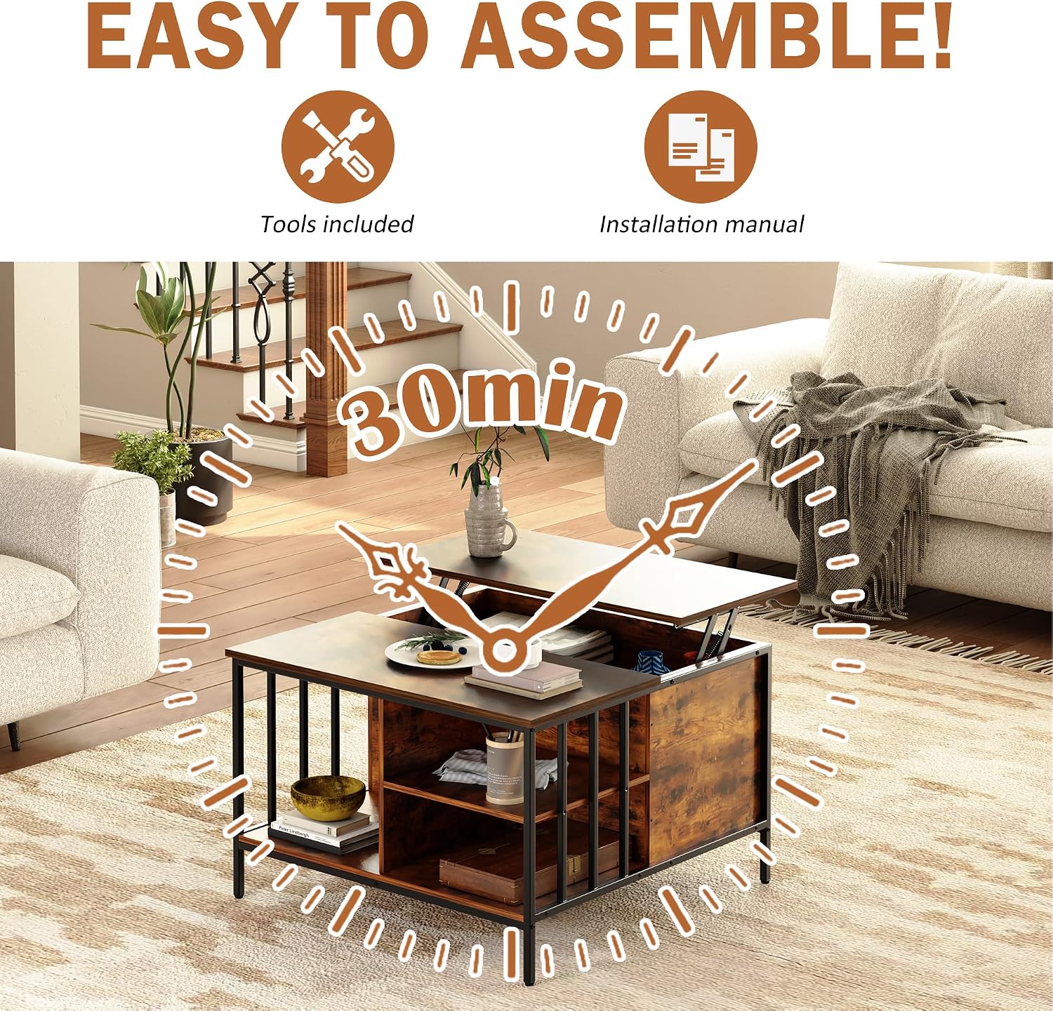 KEIKI 31.5' Flip-Top Coffee Table with Storage, Lift-Top Table, Dark Walnut & Black Metal, Farmhouse Modern Rectangular Living Room Table with Hidden Compartment & Open Shelves, Black