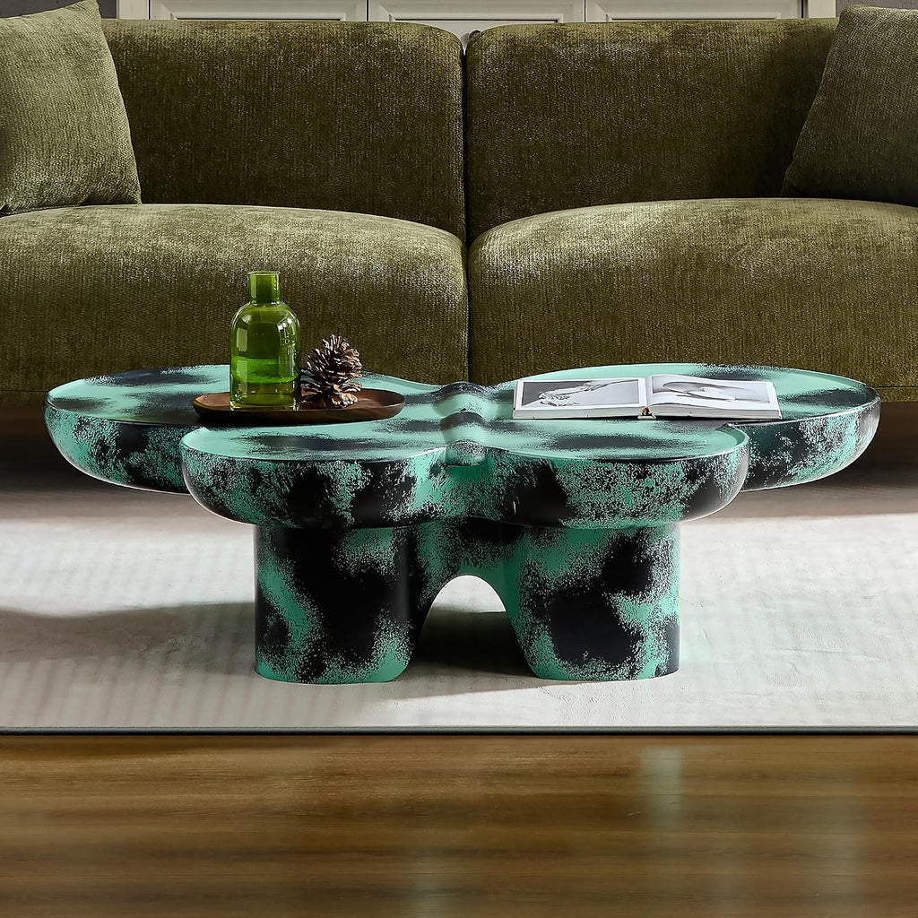 Large 47-inch Modern Glass Top Coffee Table, Mid-Century Green & Black Accent Table for Spacious Living Room, Lounge or Office (Green + Black)