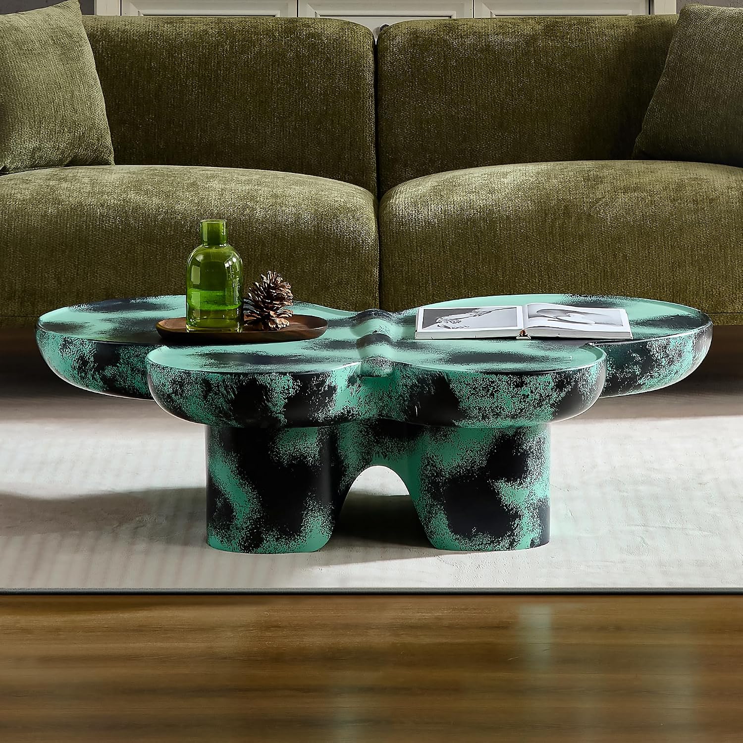 Large 47-inch Modern Glass Top Coffee Table, Mid-Century Green & Black Accent Table for Spacious Living Room, Lounge or Office (Green + Black)