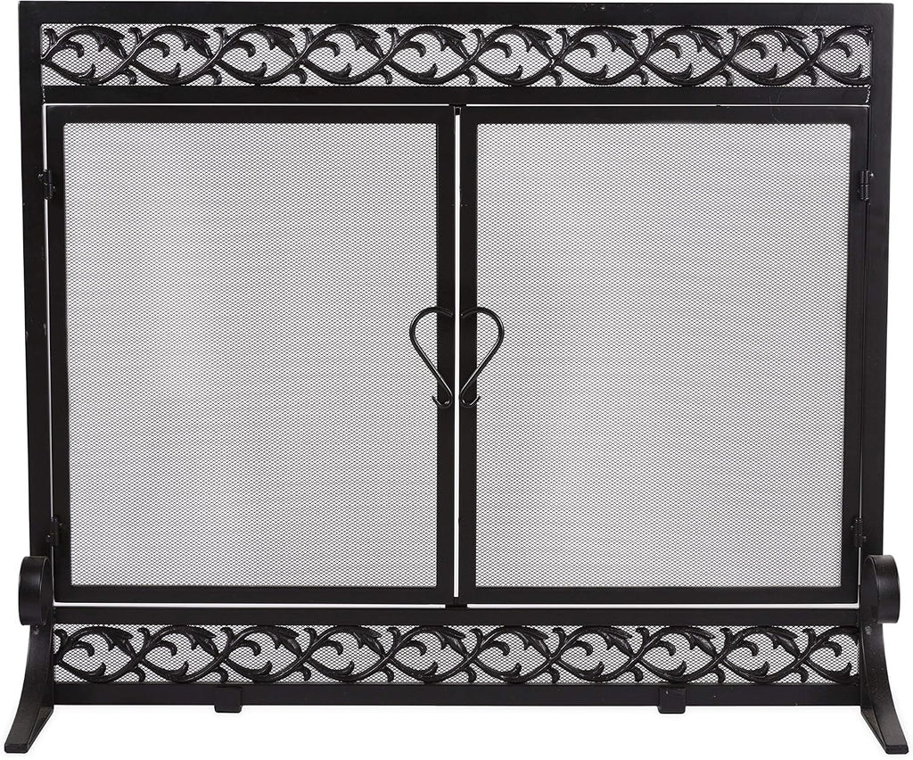 Plow & Hearth Metal Fireplace Screen Scrollwork Black | 38' W x 31' H | Dual Magnetic Hinged Doors | Spark Guard Cover | Stand Alone Wrought Iron Panel Fire Place Cover