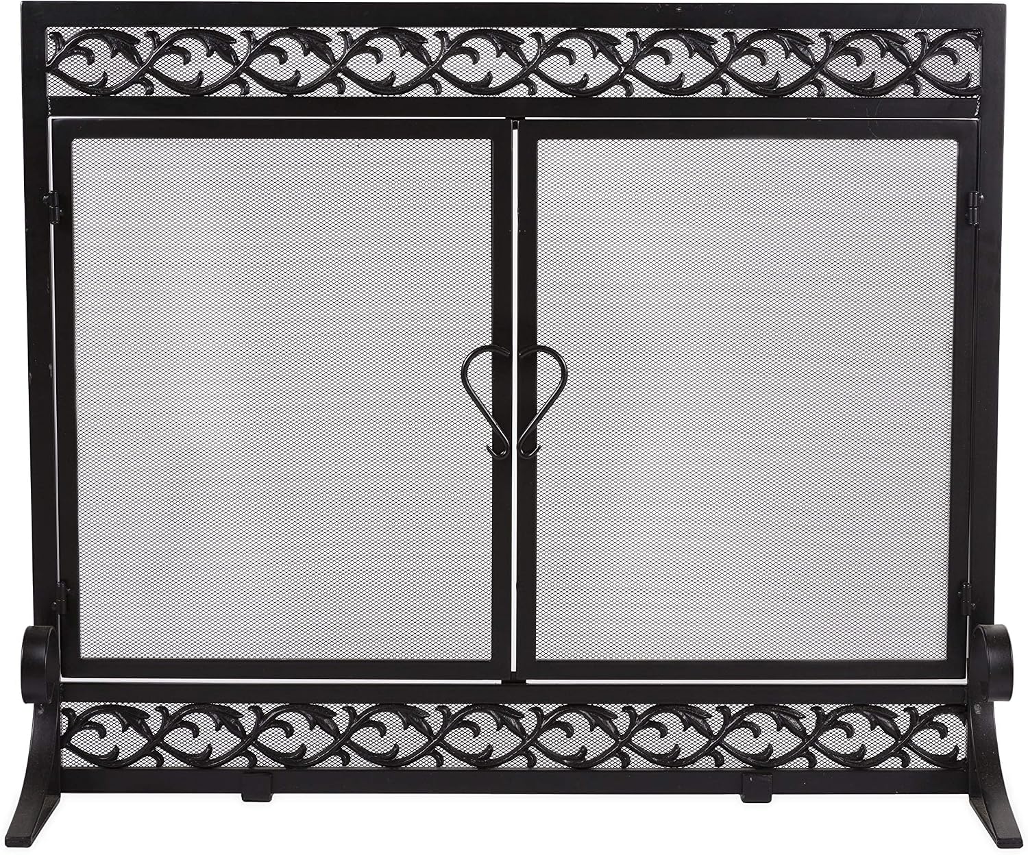 Plow & Hearth Metal Fireplace Screen Scrollwork Black | 38' W x 31' H | Dual Magnetic Hinged Doors | Spark Guard Cover | Stand Alone Wrought Iron Panel Fire Place Cover