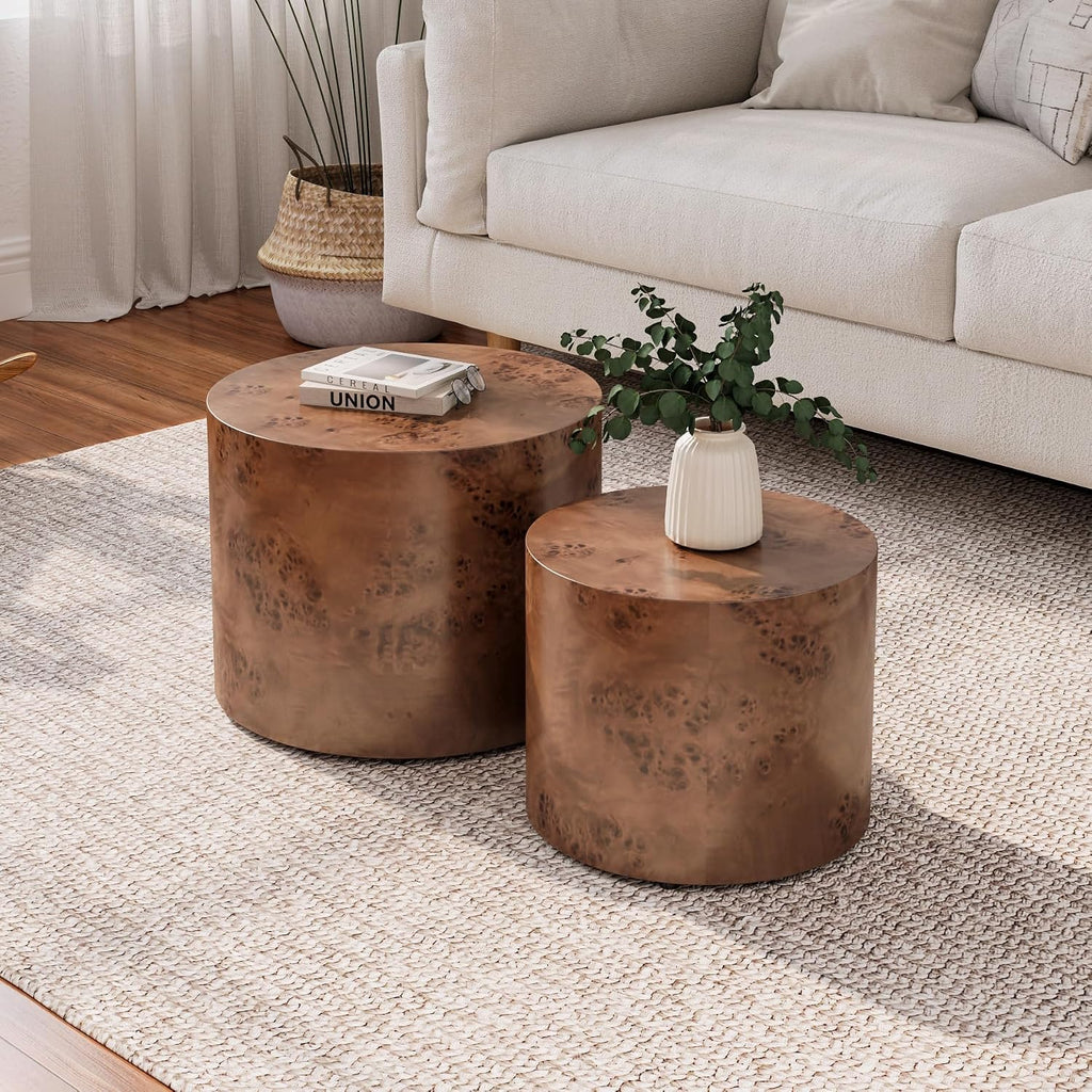 Round Nesting Coffee Table Set of 2 for Living Room Burl Wood Coffee Table Side Tables End Tables Set Modern Circle Center Tables, No Need Assembly (Burl Wood-Walnut)