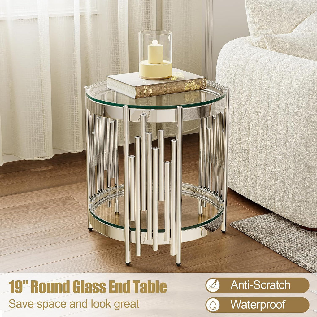 Round Glass End Table, 19' Modern 2-Tier Side Table with Clear Tempered Glass Top and Silver Stainless Steel Base for Living Room or Bedroom