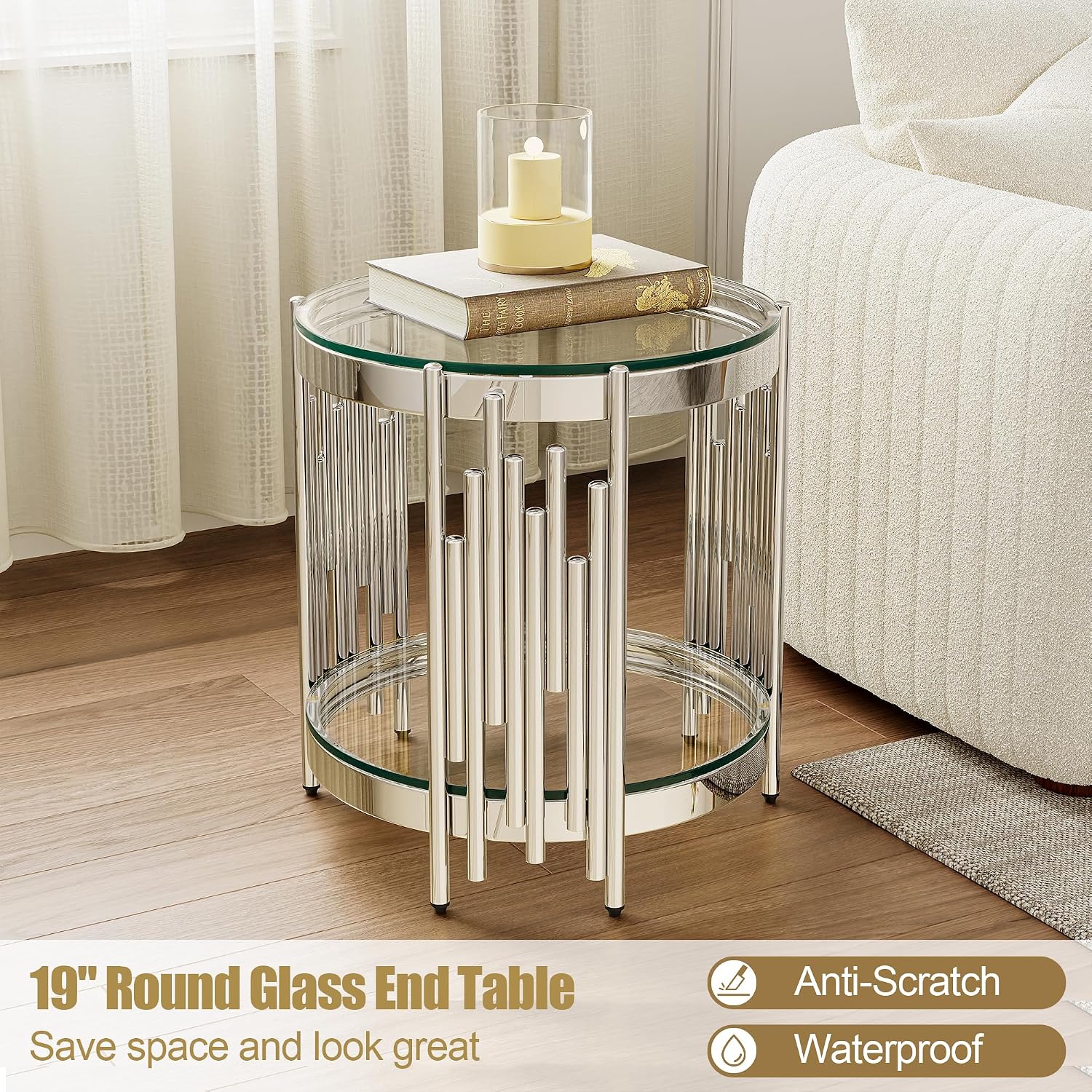 Round Glass End Table, 19' Modern 2-Tier Side Table with Clear Tempered Glass Top and Silver Stainless Steel Base for Living Room or Bedroom