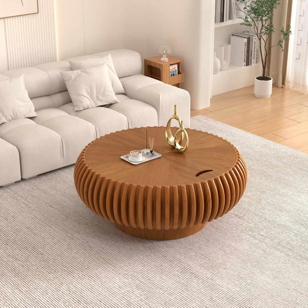 31.5' Round Drum Coffee Table with Hidden Storage, Modern Fluted Coffee Tables with Solid Wood Veneer, Wooden Circle Center Table for Living Room, Small Spaces, and Apartments, Easy Assembly