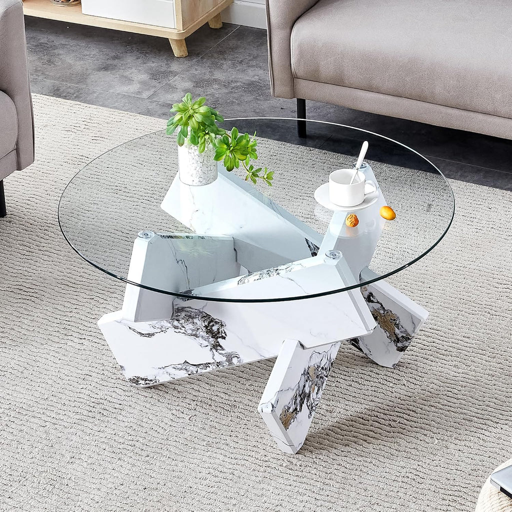33.4'' Tempered Glass Round Coffee Table for Living Room, Modern Circle Coffee Table, Glass Tabletop & Wood Base, Easy Assembly, White