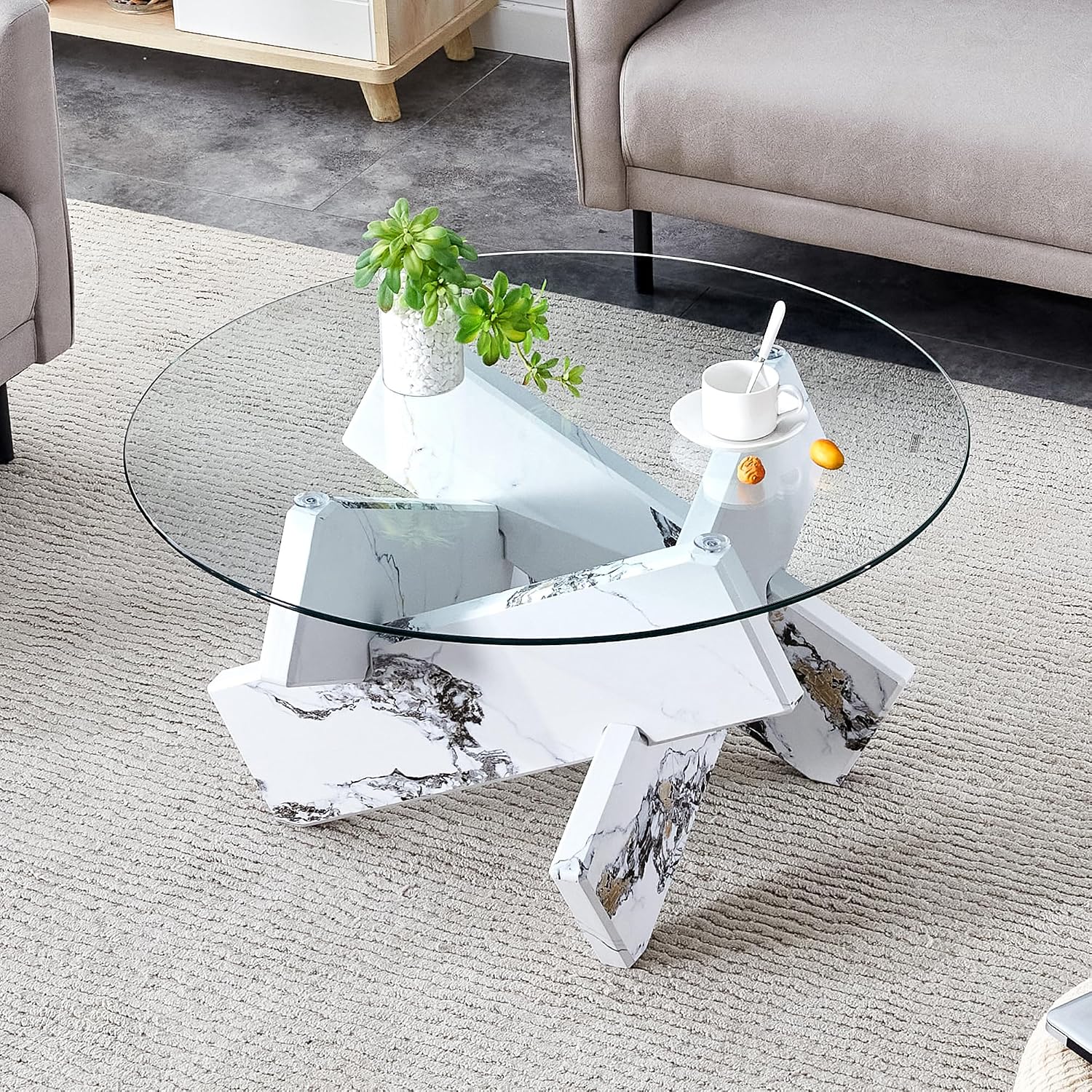 33.4'' Tempered Glass Round Coffee Table for Living Room, Modern Circle Coffee Table, Glass Tabletop & Wood Base, Easy Assembly, White