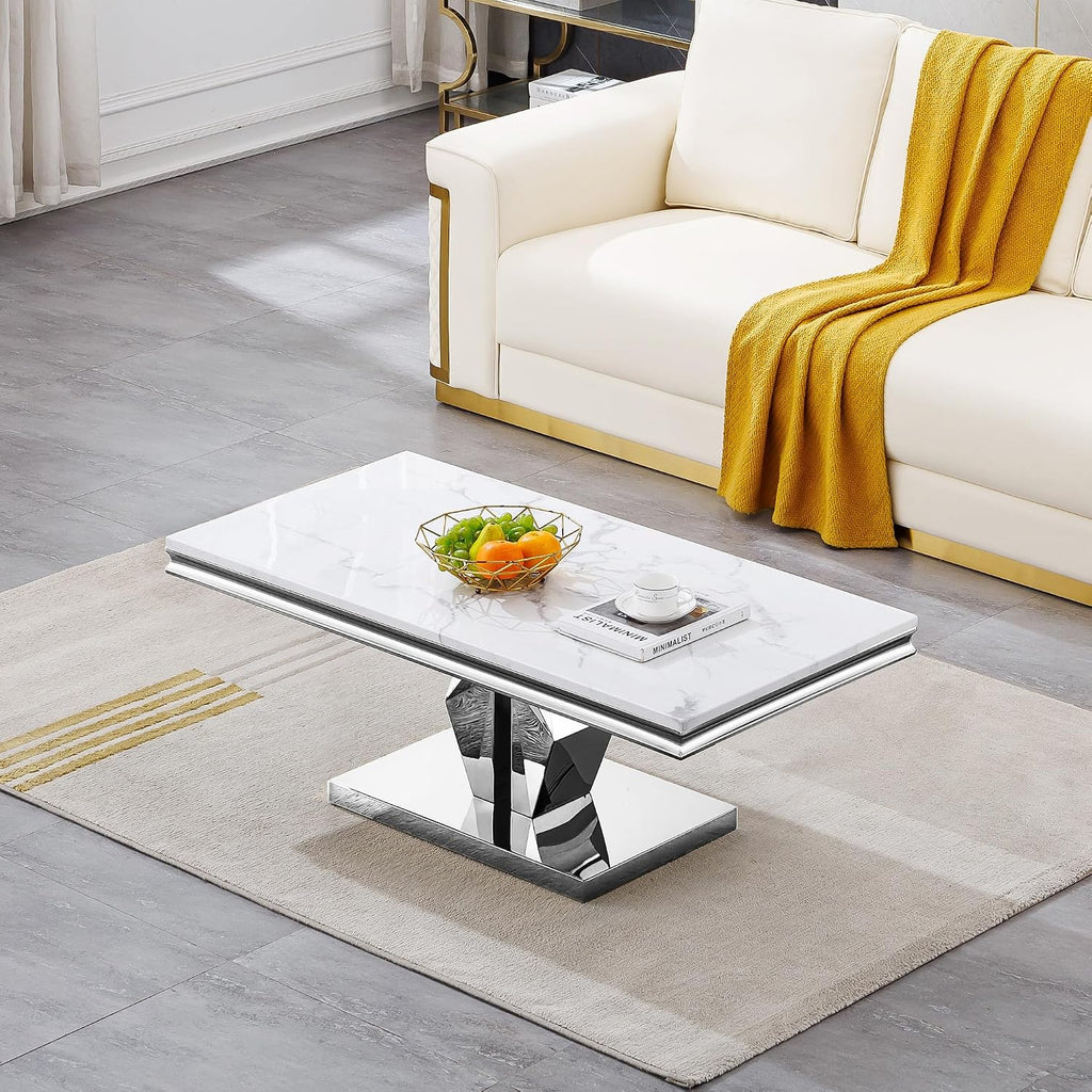 3 Pieces Living Room Table Set, Faux Marble Coffee Table Set of 3, Modern Coffee Table, Console Table and End Table with Y-Shaped Stainless Steel Base for Living Room (White Silver)