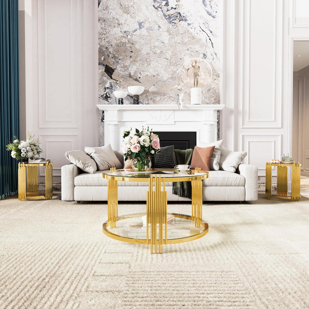 19.8'' Tempered Glass Side Tabel Round End for Living Room, 2-Tier Modern Accent Circle Design, Transparent Mirror Tabletop & Metal Drum Base, Easy Assembly, Transparent & Gold