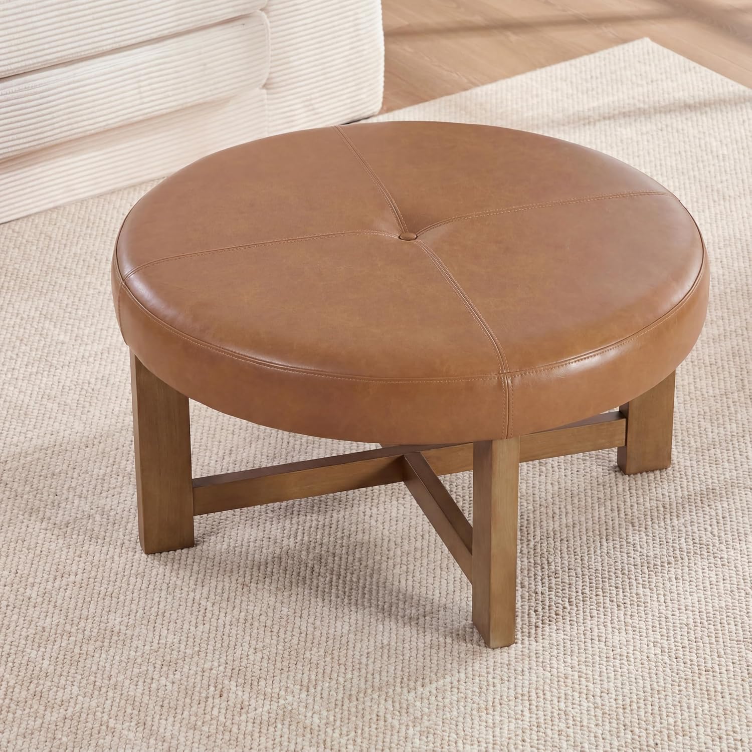 Christopher Knight Home Ladin Modern Round Ottoman Coffee Table, Faux Leather Cocktail Ottoman for Living Room Sofa, Entryway Comfortable Footstool, Wooden Ottoman Foot Rest, Light Brown+Walnut
