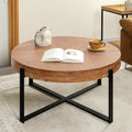 Setawix Farmhouse Round Coffee Table for Living Room, 33.86' Small Side End Table, Wood Retro Splicing Coffee Table, Modern Accent Coffee Table Entry Way Table with Black Metal Cross Leg