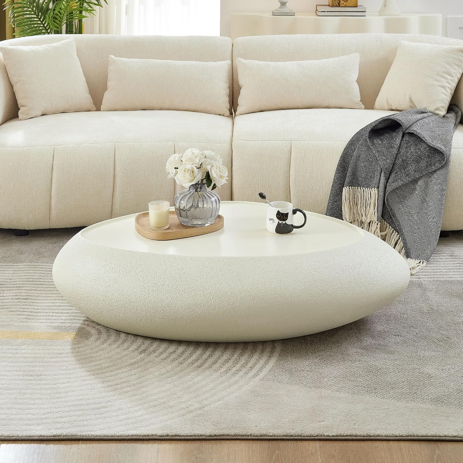 Faux Rock Coffee Table with Lightly Rought Rock Design,Irregular Drum Coffee Table Fiberglass Accent Stone-Like Central Table for Living Room,No Assembly