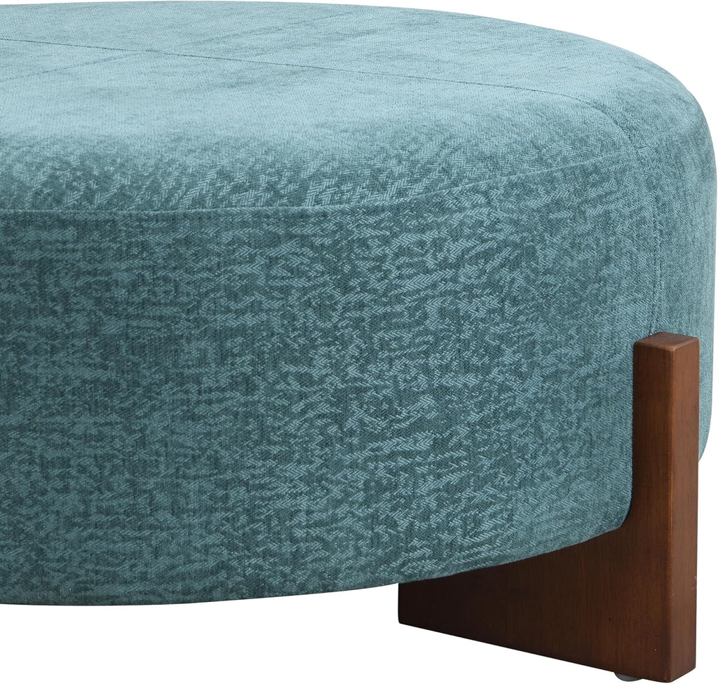 Christopher Knight Home Holmes Modern Chenille Upholstered Ottoman Coffee Table, Wooden Round Cocktail Ottoman, Large Living Room Sofa Footstool/Footrest, Teal Blue+Walnut