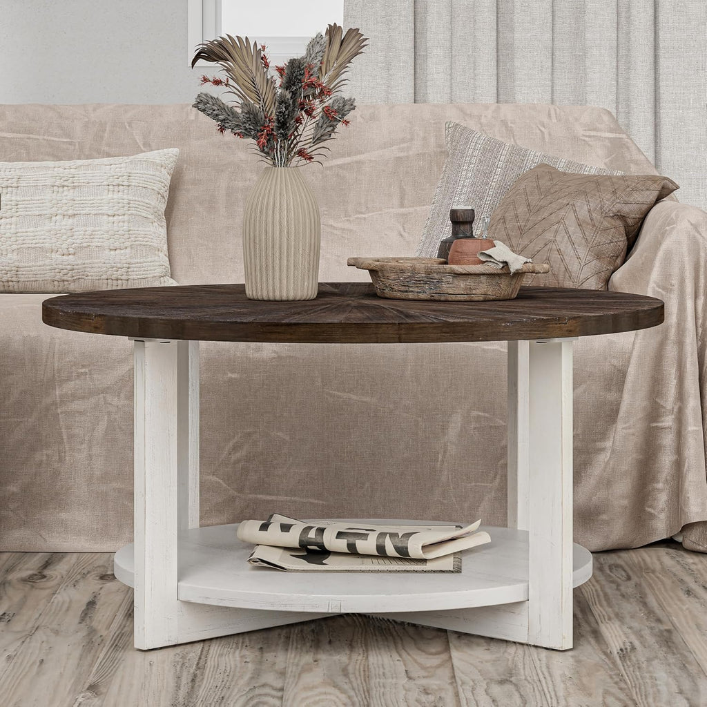 Round Wood Coffee Table with Distressed Finish Top, Two-Tone Living Room Table with Lower Storage Shelf, Farmhouse Center Table, Large Circle, Brown and White