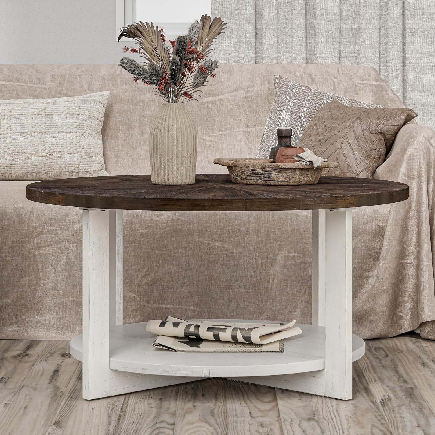 Round Wood Coffee Table with Distressed Finish Top, Two-Tone Living Room Table with Lower Storage Shelf, Farmhouse Center Table, Large Circle, Brown and White